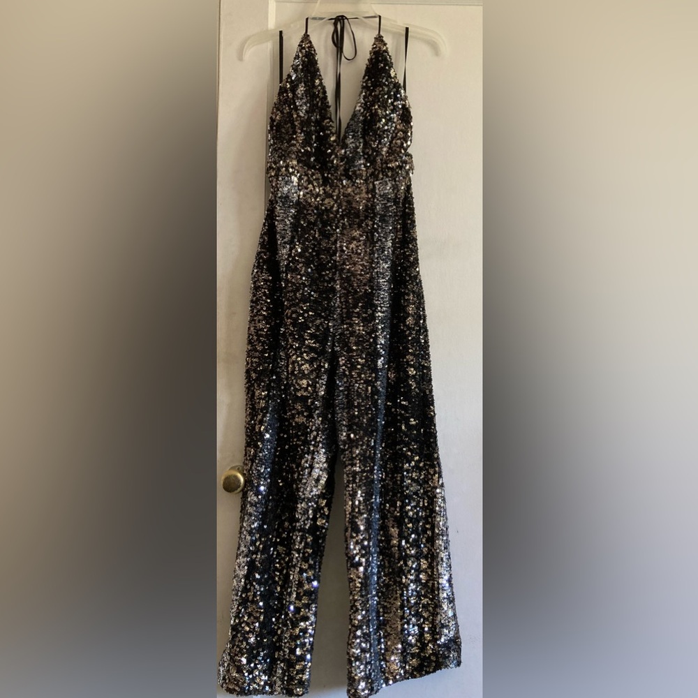 Bardot Black and Silver Sequin Glam Halter jumpsuit